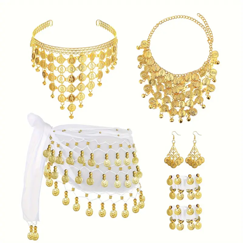 Set De 8 Accessoires Boho Pour Danse Orientale Femme - Écharpe Hanche Scintillante, Coiffe, Collier, Boucles & Bijoux Pièces D'Or