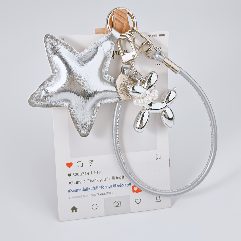 TEMU 1pc Pu Leather Puffy Star Y2k Metallic Silvery Balloon Dog Phone Charm Cool Aesthetic Unisex Keychain For Men And Women Trendy Beaded Braided