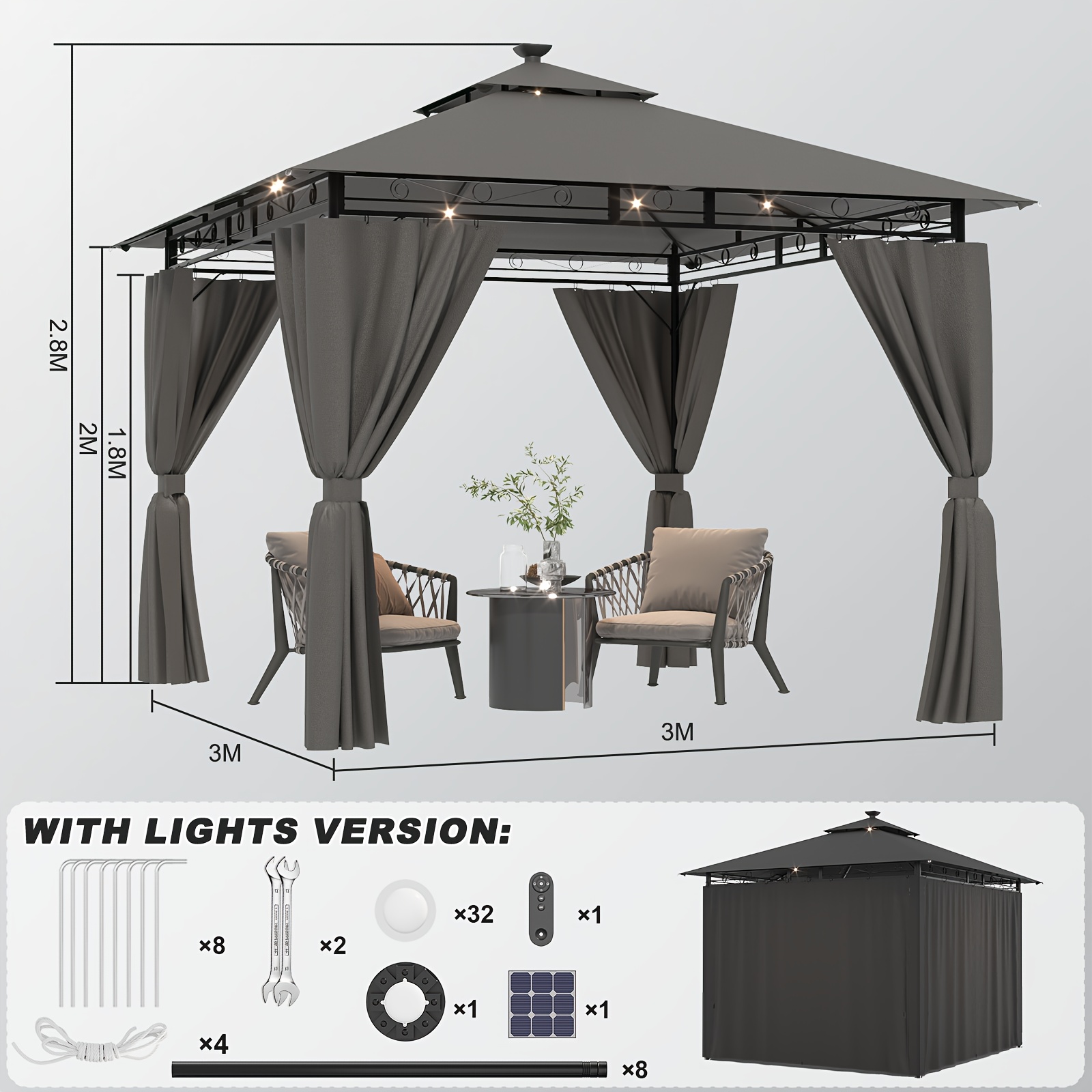 Image of Devoko Outdoor 3x3/3x4/3x6m Metal Garden Tent With Side Parts - Assembly Suitable For Poolside,, Balcony, Commercial Use, Frame For Residential & Commercial Spaces