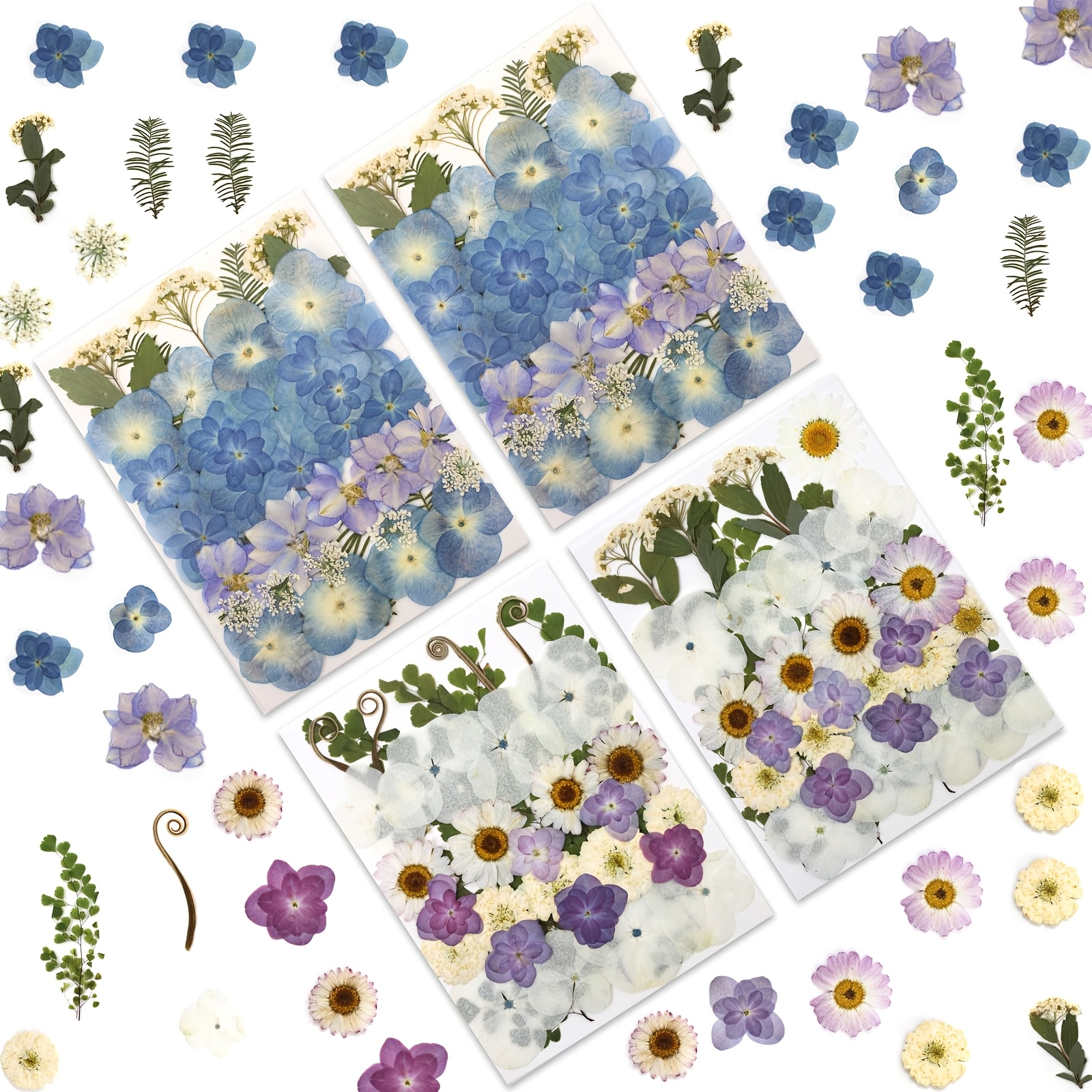 TEMU 140pcs Dried Dried Pressed Hydrangea Flowers For Crafts, Real In Blue, Tones With Foliage Accents, Perfect For Resin Art, & Home Decor