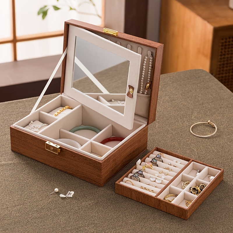 TEMU Light Luxury High-end Golden Jewelry Box, Faux Wood Walnut Grain Leather Jewelry Storage Box, Jewelry Boxes