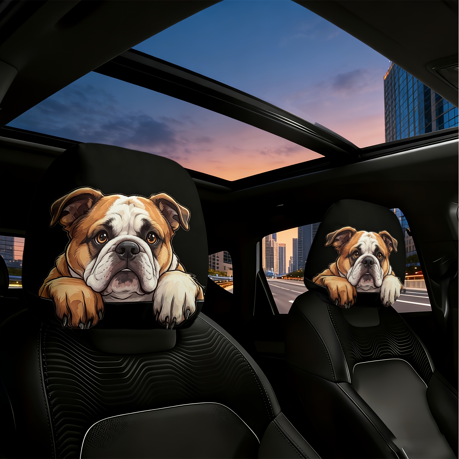 TEMU 2pcs Adorable Bulldog Peeking Out Printed Covers, Washable, , Durable And Comfortable Car Headrest Covers, Suitable For Cars, Trucks, And Suvs,