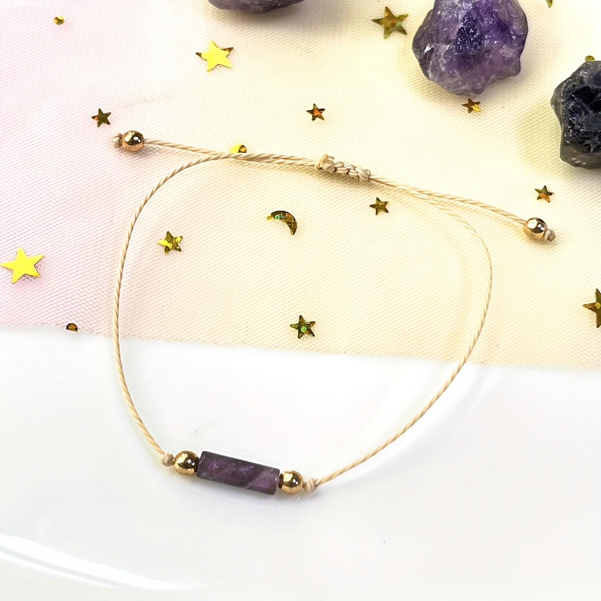 Natural Amethyst Jewelry Set - Handwoven Bracelet