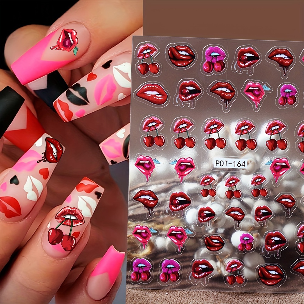 

2pcs 3d Embossed Lips & Cherry Nail Art Stickers, Cute Lash & Lip Design Decals For Diy Or Nail Salon, Self-adhesive Nail Art Supplies For Women