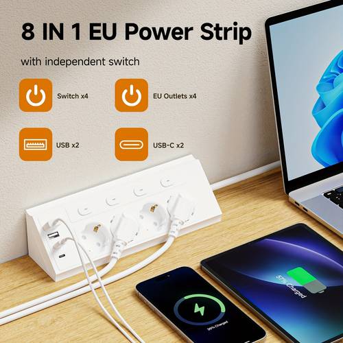 1 in 8 eu power strip multi switch desktop power strip with 1 5m extension cord 4 ac outlets 2 usb type c ports suitable for home computer white and black sinterklaas