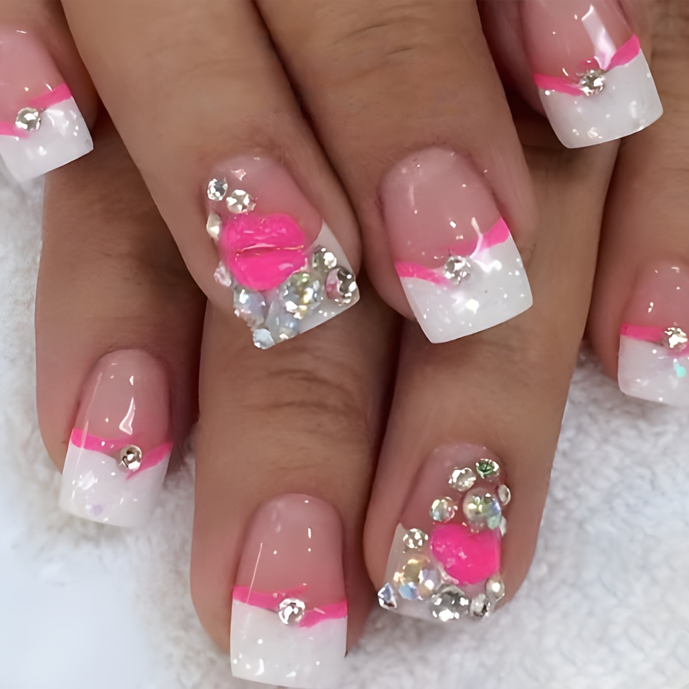 

24pcs/set Pink Square Press-on False Nails, Lip Love Heart With Diamond Design Sweet And Versatile Wearable Nails, With Transparent Jelly Glue And Rubbing Strip, Suitable For Women And Girls