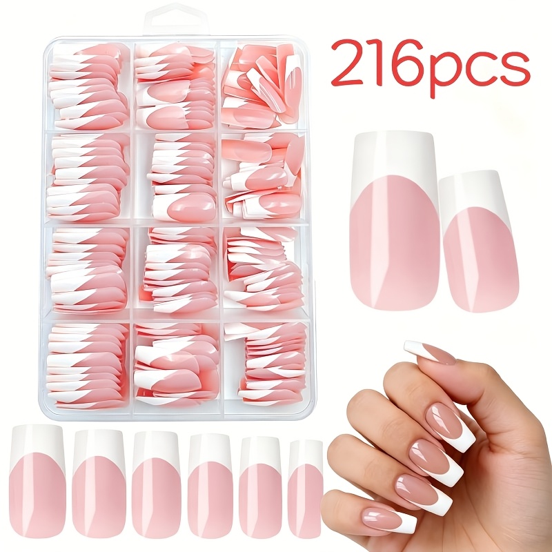 TEMU 216pcs French Tip Press On Nails Suitable For Diy, Reusable Acrylic Full Cover False Nail Tips With Pre Colored Nude & Base, 12 Sizes Medium
