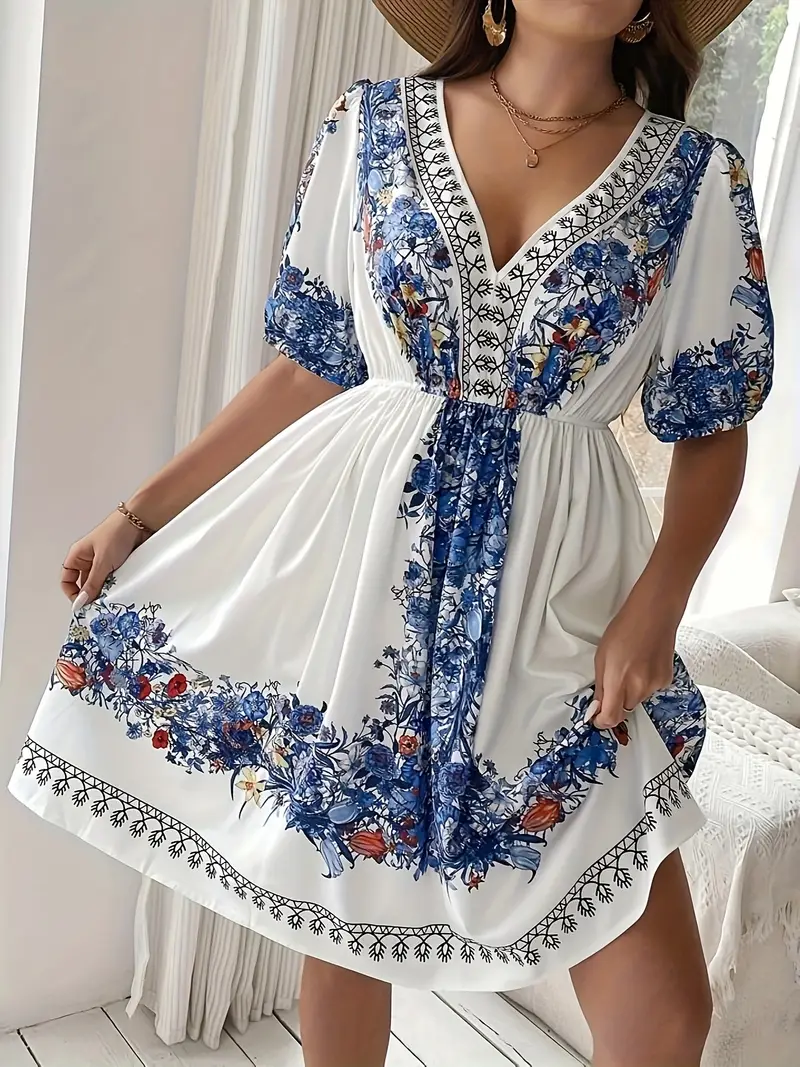 Women's Plus Size Dress Elegant * Design Blue and White Contrast Pattern Women's Plus Size Dress Elegant * Design Blue and White Contrast Pattern