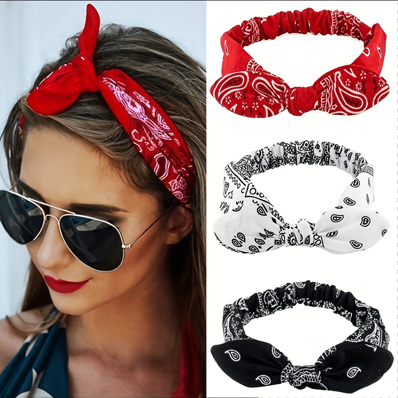 

3-piece Boho Paisley Print Headbands With Vintage Bow - Soft, Stretchy Hair Bands For Women & Girls
