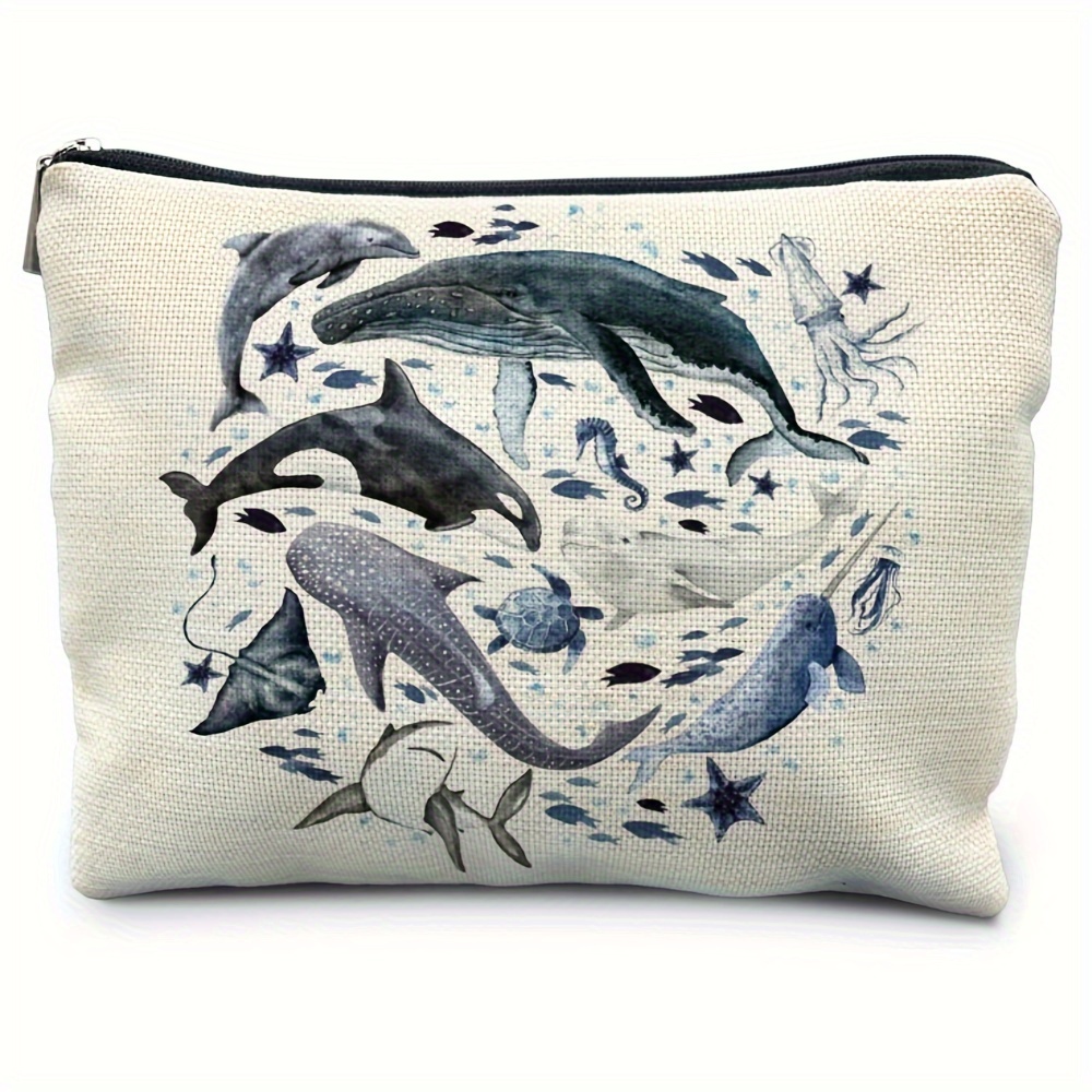 

1pc Hemp Cosmetic Bag With Ocean Animals Print, Portable Shark & Whale Makeup Pouch, Theme Toiletry Organizer For Women, Ideal Beach Vacation & Gift