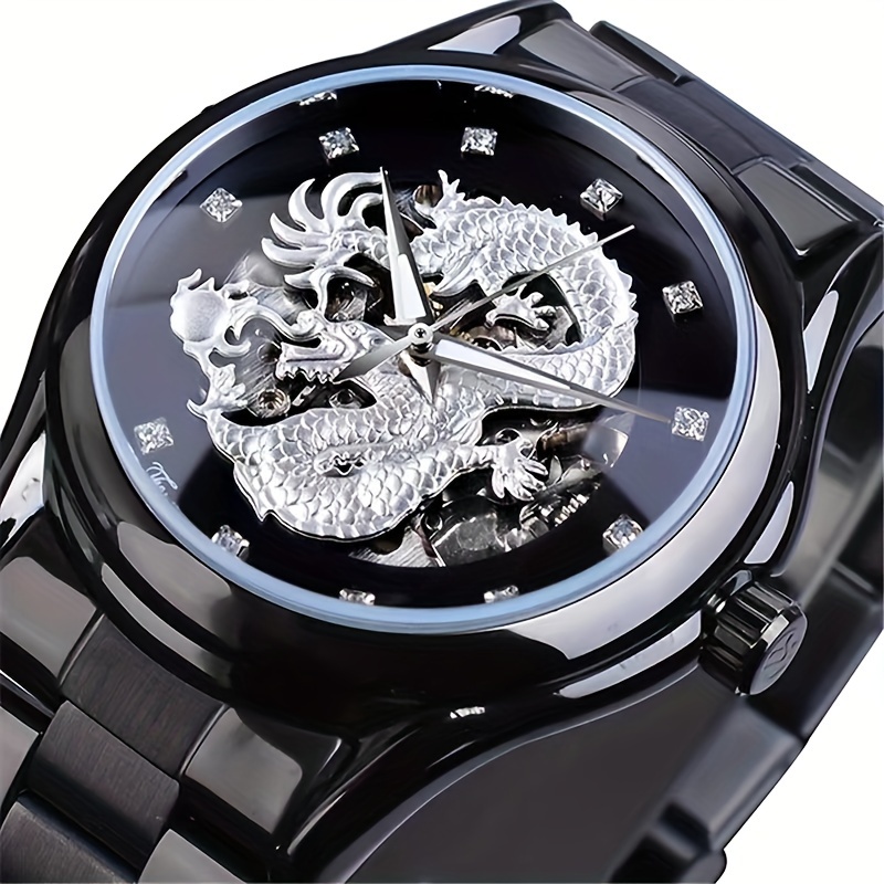 Reloj Mecánico Automático Elegante para Hombre con Grabado de Dragón - Diseño Hueco de Moda, Correa de Acero Inoxidable, Resistente al Agua hasta 10m
