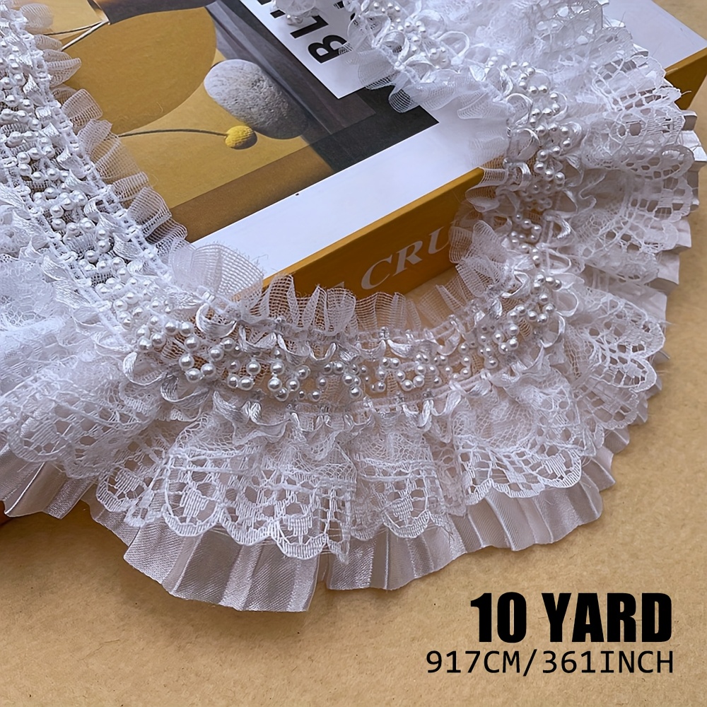 TEMU Encaje elástico con volantes y perlas de de 5/10 yardas - de cinta de encaje plisado elástico para vestidos, , adornos de manualidades |