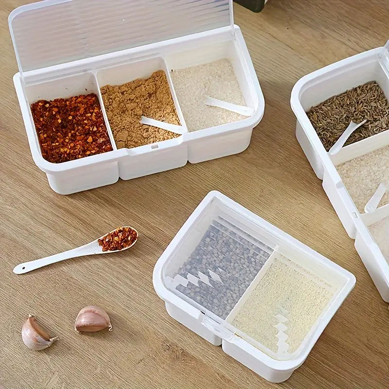 1pc three compartment condiment container with spoon plastic seasoning storage box with lid multi grid spice jars jar holders organizer set Product details 5