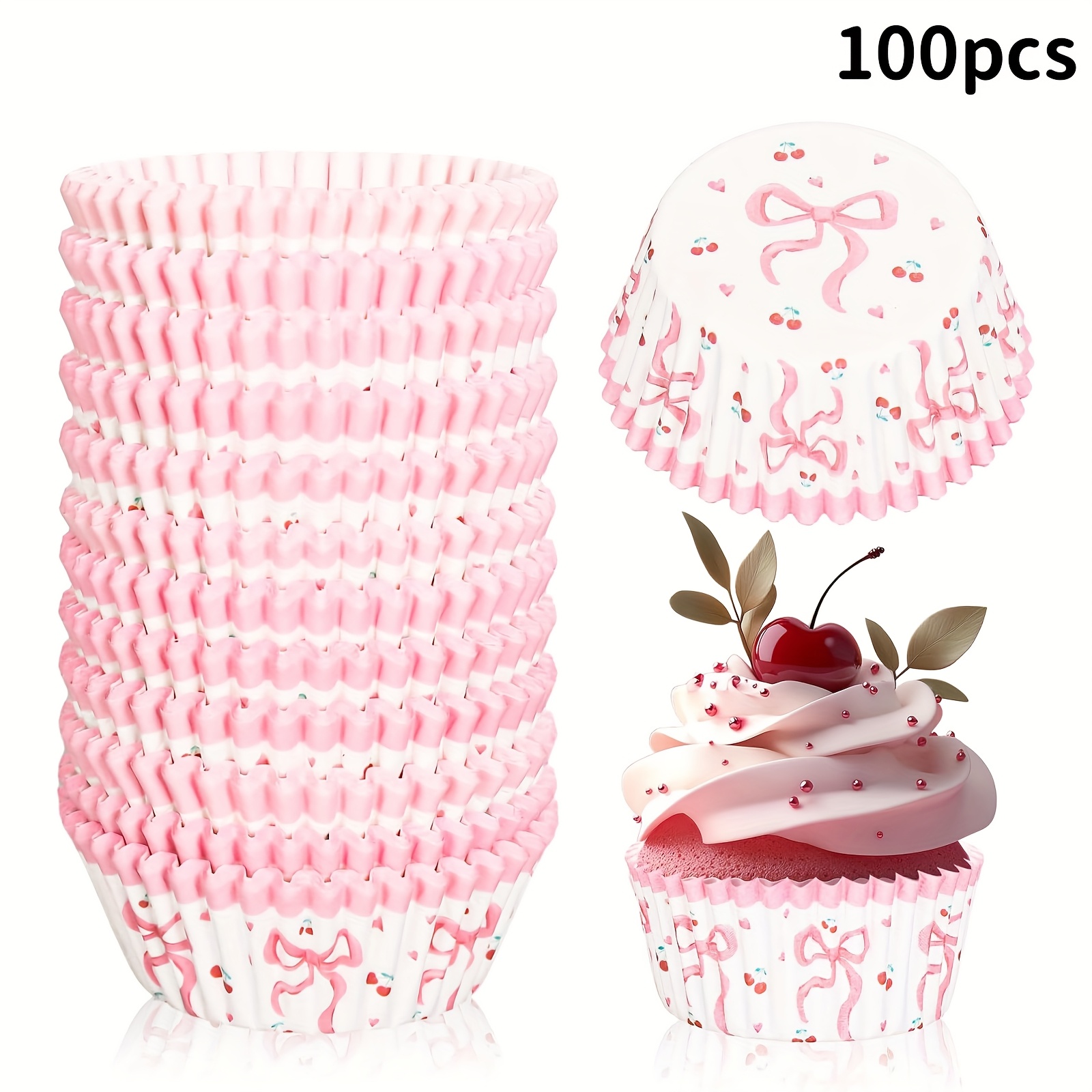 E-shop 100/200/300 Stück ölbeständige Papier Cupcake Förmchen mit rosa Kirsch-Schleifen-Print, Antihaft Backpapier, Standardgröße geeignet für Kuchen,