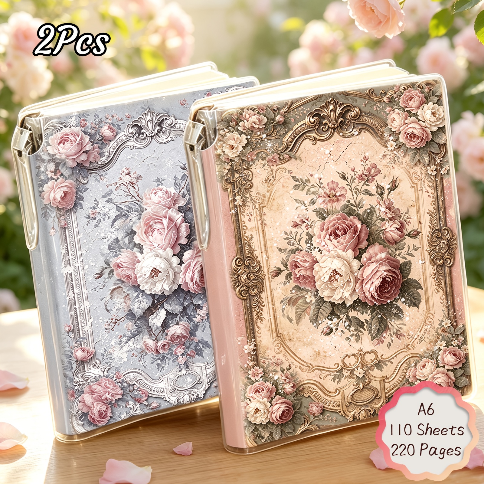 1pc/2pcs, 220 Pages, Baroque European Flowers Retro Notebook - Includes Pen, Portable Pocket Notebook, Lined Notebook, Travel Journal, Office, Stationery, Back To School Supplies, Creative Gift