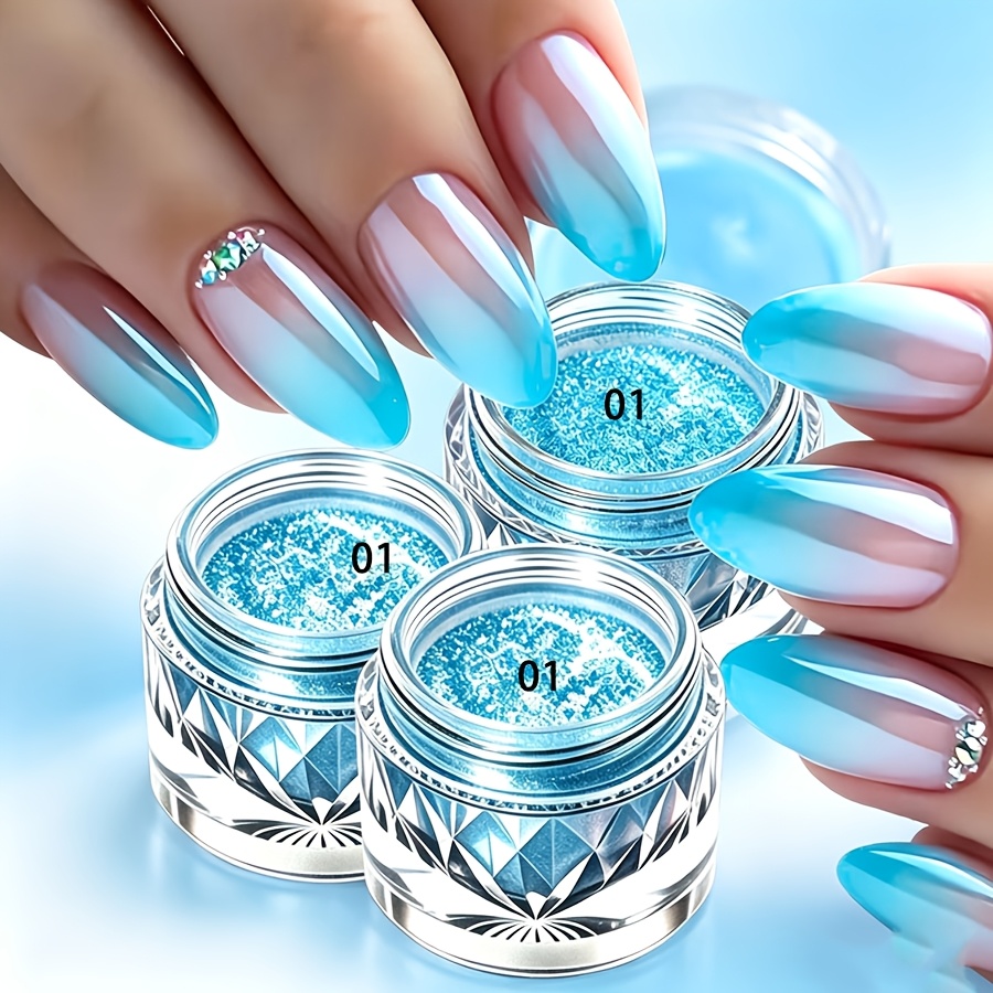 Image of 3pcs Blue Nail Powder Rubbing Holographic Laser Iridescent Metallic Nail Art Decoration