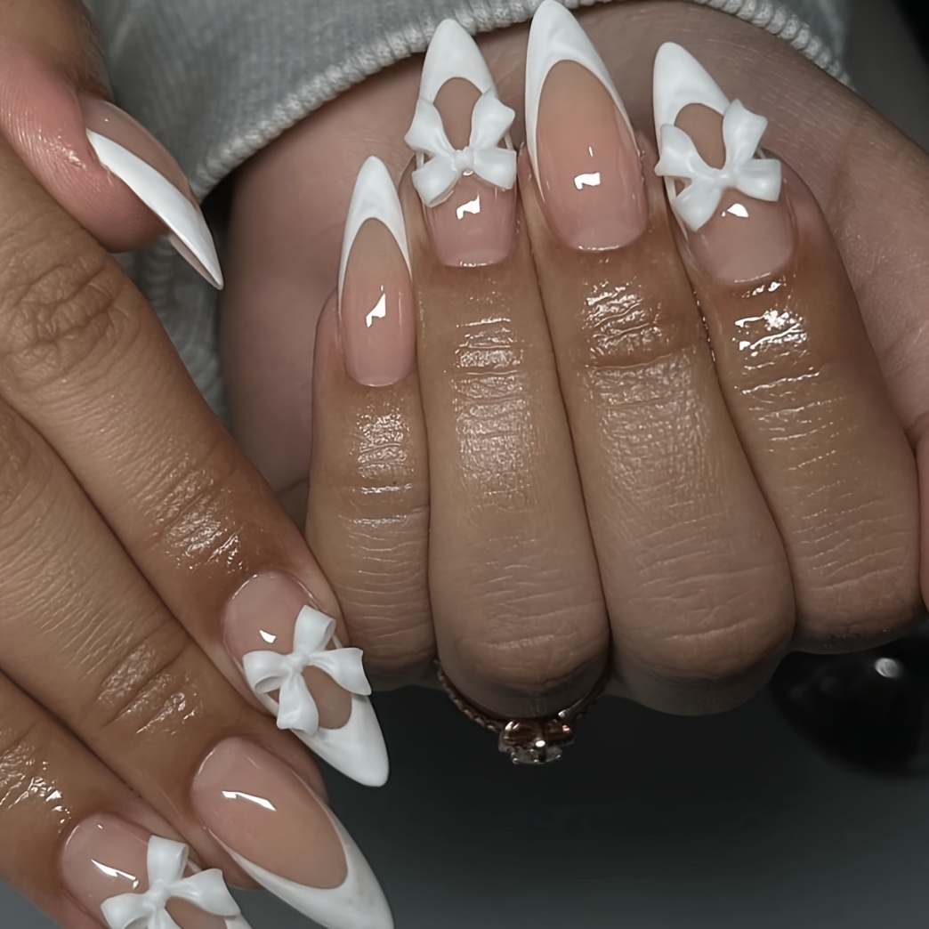 TEMU 24pcs Of Medium White Almond-shaped French 3d Bow Nails, Fake Nail Patches, Manicure Nails, Free 1pc Of Jelly Glue, 1 Nail File