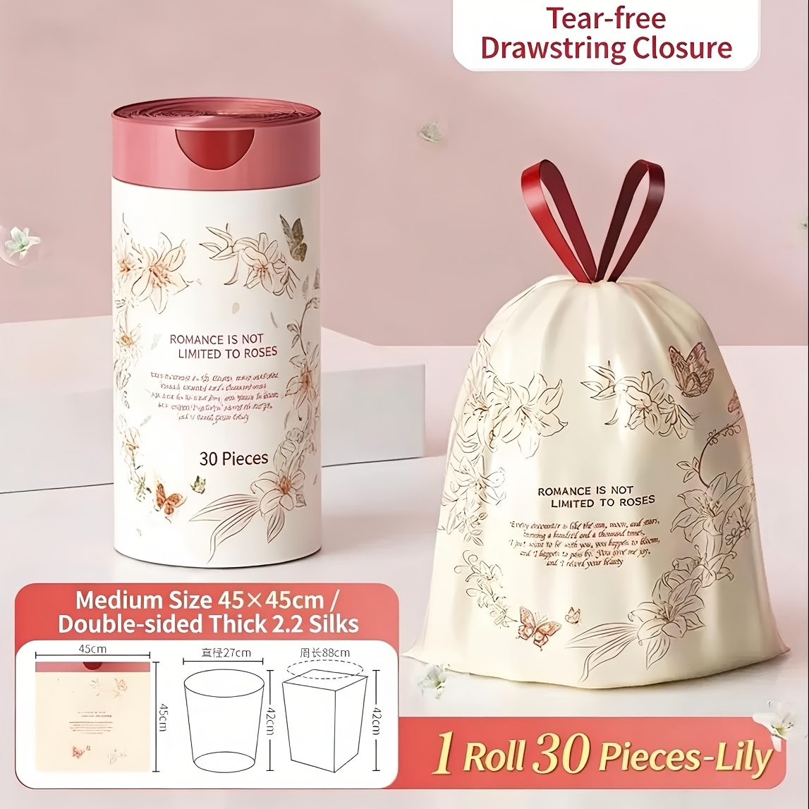 TEMU Tear-resistant Drawstring Garbage Bags, Household Extra-thick Portable Lily Fragrance Room Bathroom Special Plastic Garbage Bags 50-pack(1roll)