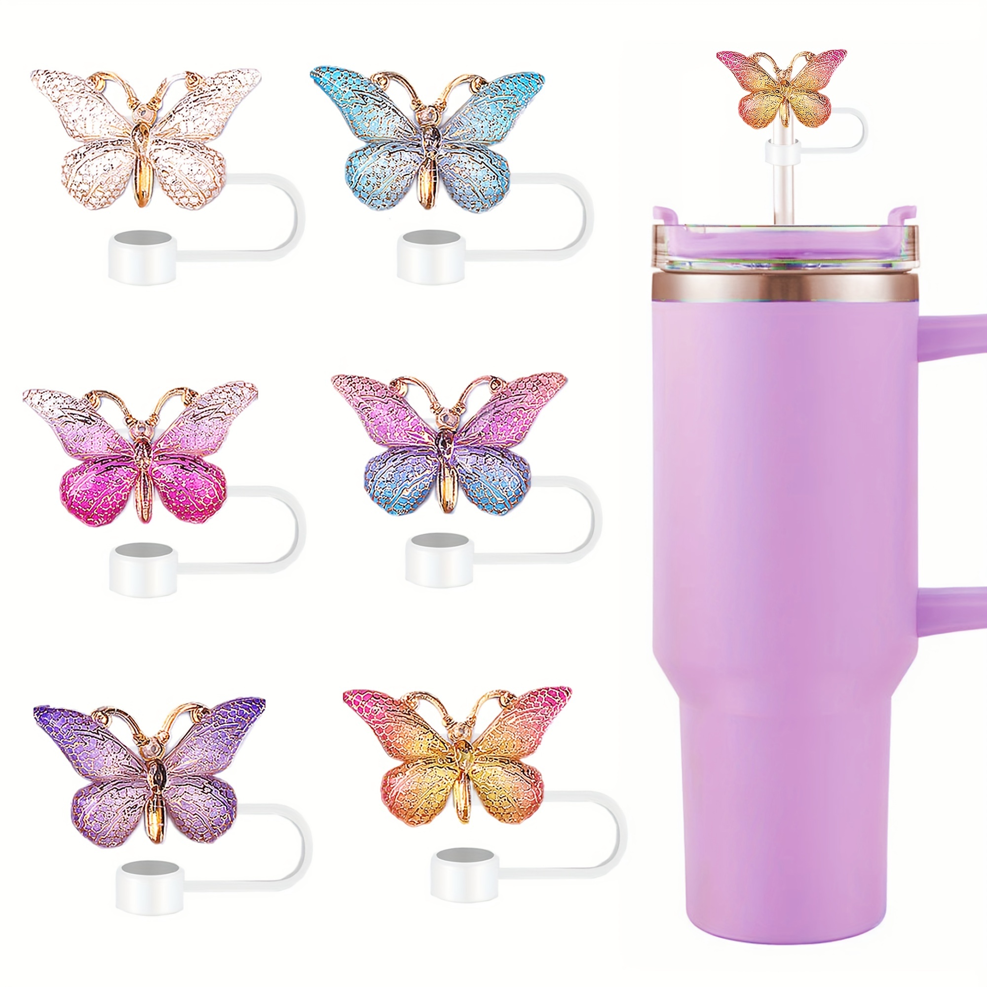 

6pcs Gradient Butterfly Straw Covers - Reusable Silicone Toppers For 6-8mm Straws, Ideal For Parties & Events