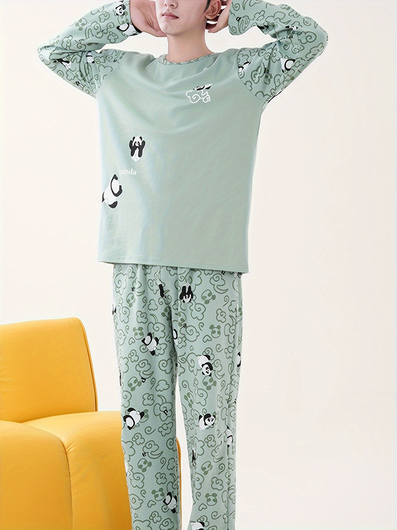 mens cozy pajama set for fall winter light green long sleeve crew neck top elastic waist pants with pockets casual animal print loungewear machine washable details 0