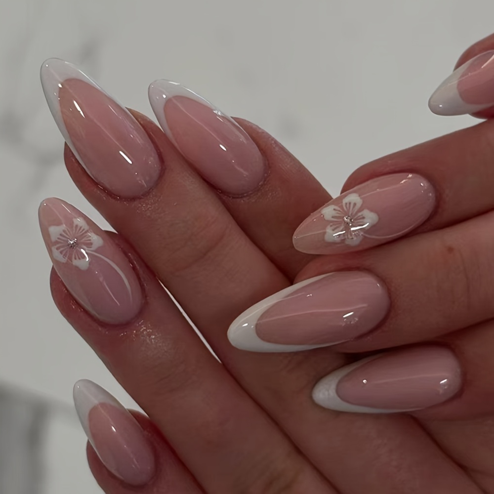 TEMU 24pcs Faux Ongles Almond de Longueur Moyenne, Motif Française, Base Nu et Transparente avec Bord Français Blanc , Peintes à et Ornements en