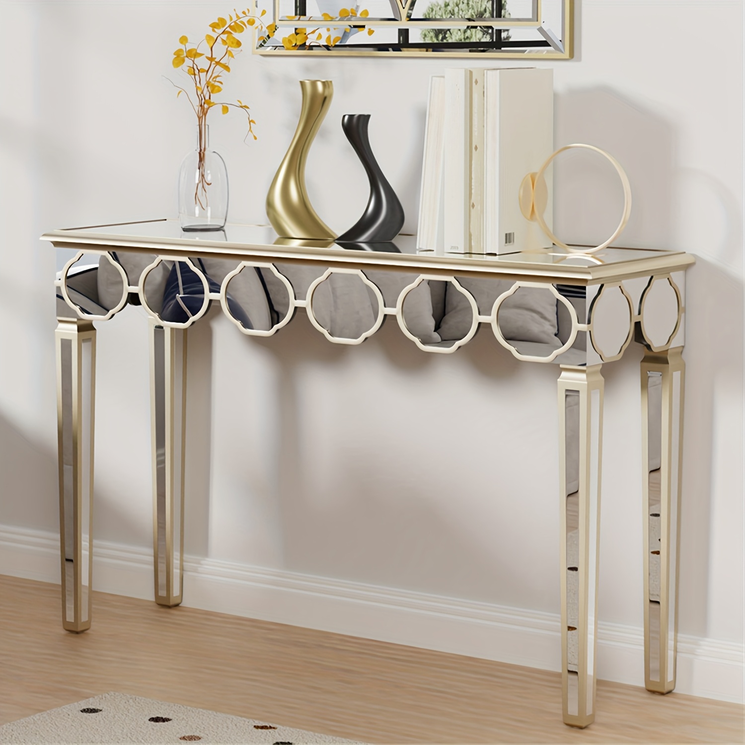 AESOME Luxury Elegant Mirrored Console Table 47.24 Rectangular Silver Mirrored Entryway Table Lantern-Shape Pattern Decor with Golden Rim Legs Sofa Side Tables Long Hallway Table for Foyer, Entrance, Offices Decor