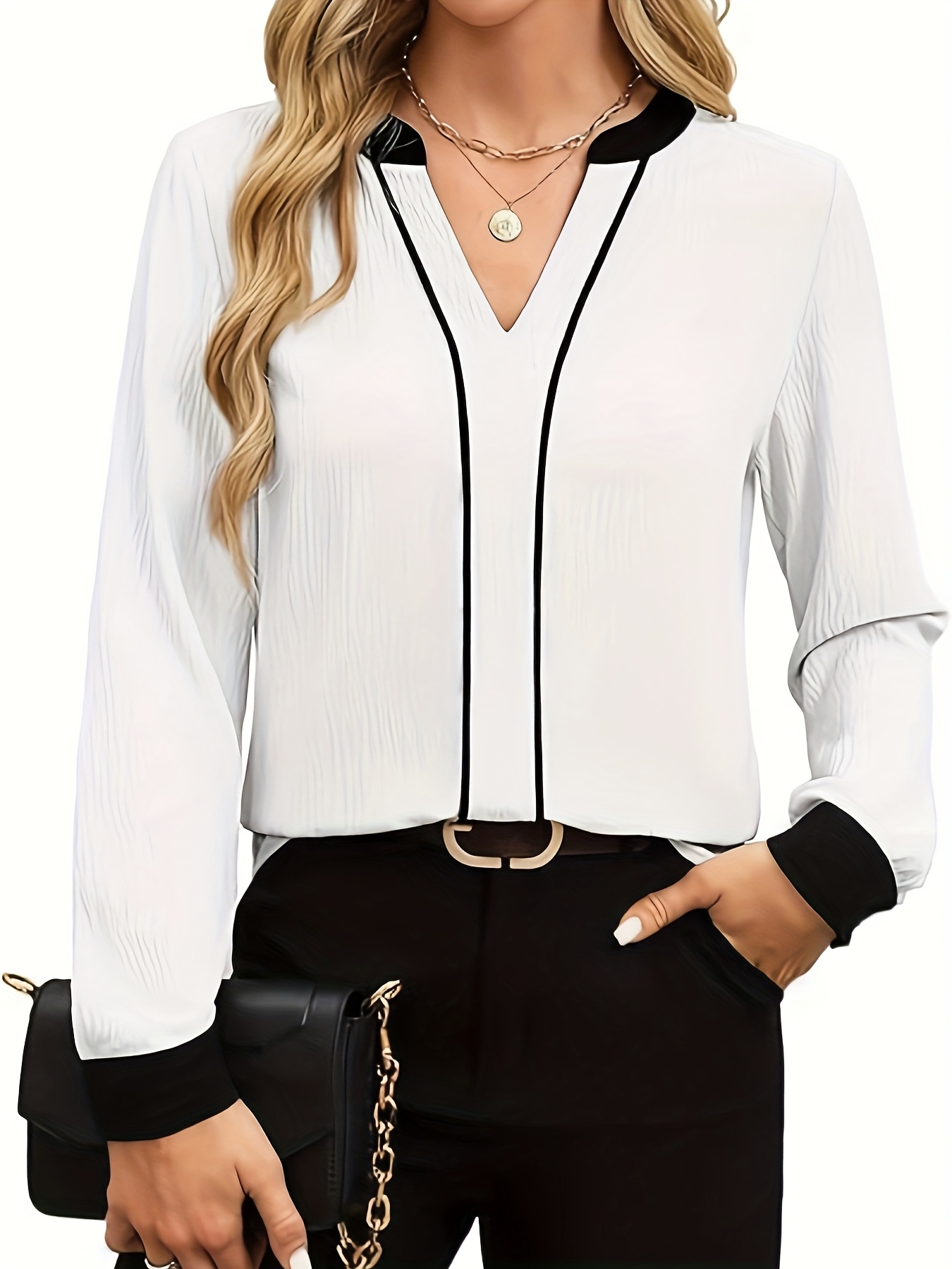 damens elegante v ausschnitt bluse kontrastbesatz Temu Germany