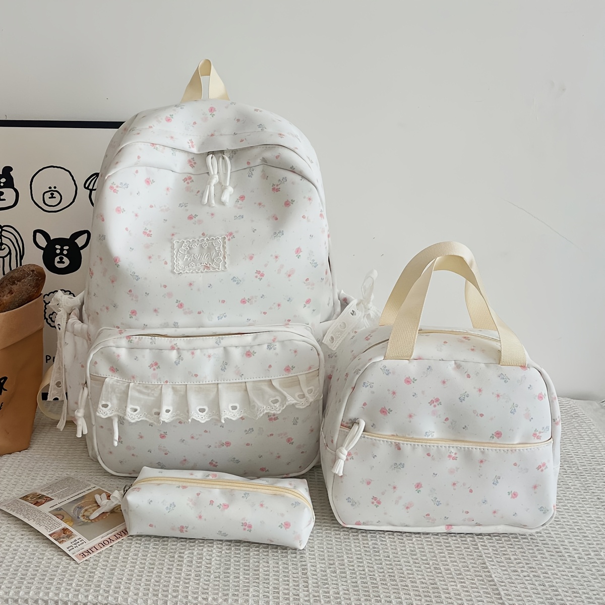 TEMU 3pcs (3-pack) Nylon Small Floral Print Backpack Suitable For Teens,, - Foldable Large Capacity School Bookbag With Multi-pocket, Adjustable