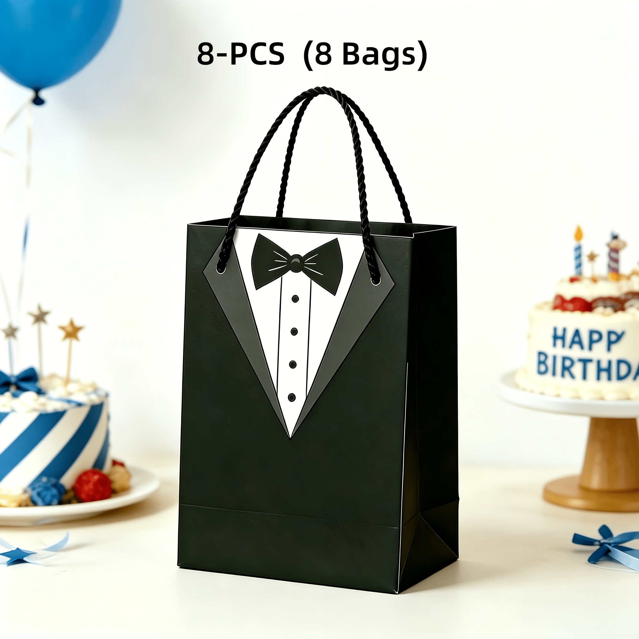 TEMU 8pcs Bags/ 8pcs Bags And 8pcs Tissue Paper Elegant Tuxedo Style Paper Gift Bags With Handles, White Cardboard Bags, Black Suit Design, Gift