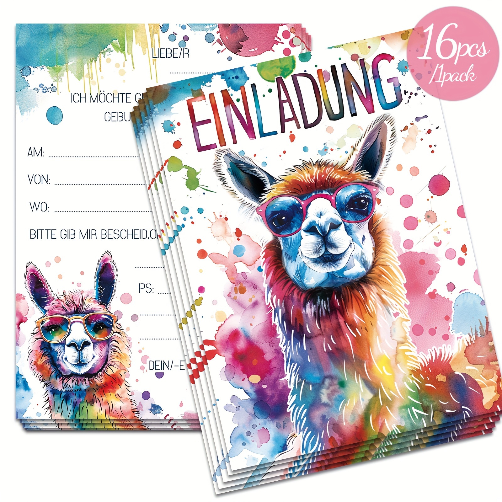 16pcs Colorful Watercolor Glasses Alpaca Birthday Invitation Card - Funny Alpaca Birthday Invitation Card - Party Invitations 4.25x5.9in Invitations