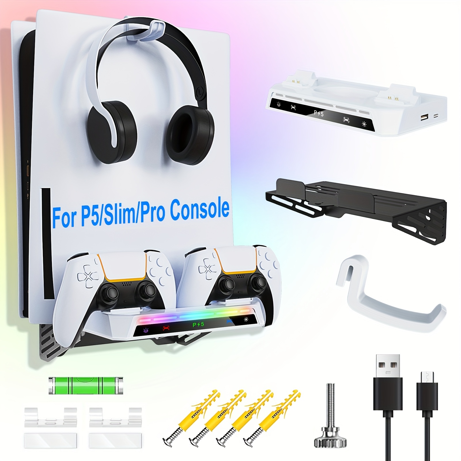 

Puning Ps5 Mount Kit With Gamepad Charger, Headset Holder & Rgb Light Strip - Console Accessory Set, Universal, Console