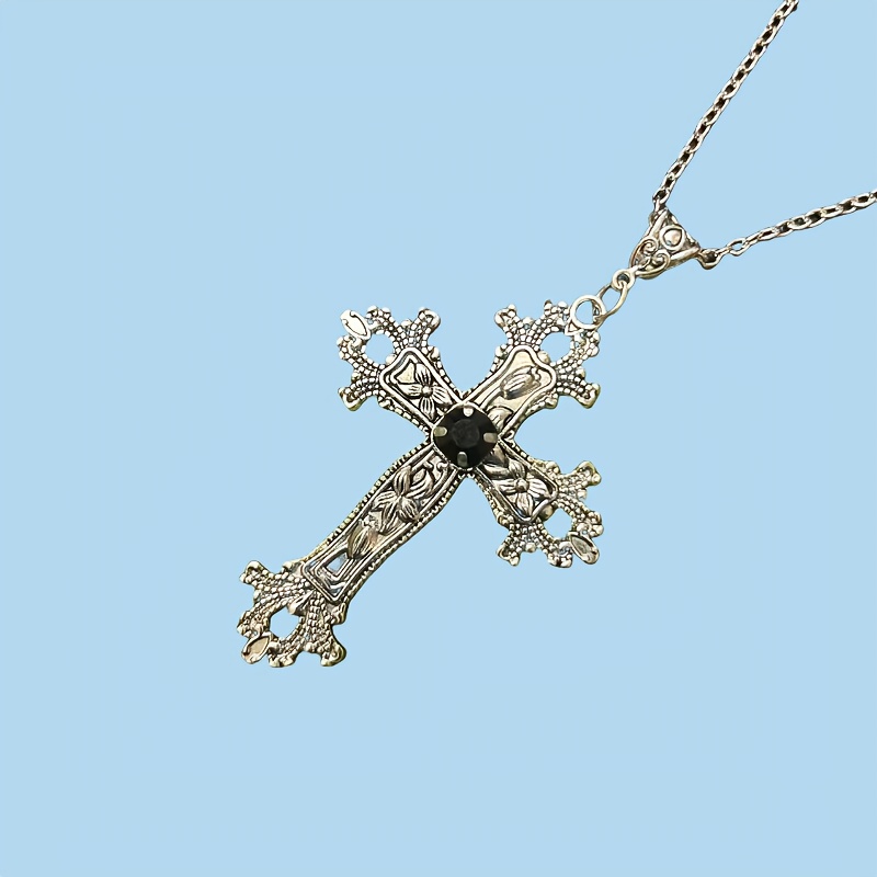 Creative Flower Pattern Cross Inlaid Synthetic Gemstone Necklace