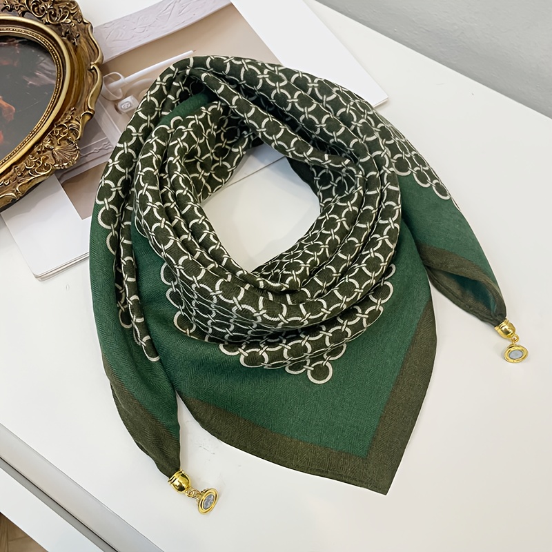 TEMU Foulard Carré Polyvalent pour Femme pour les Quotidiens avec Fermoir Magnétique, Foulard Texturé Vert Foncé à Imprimé Chaîne, Boucle Décorative