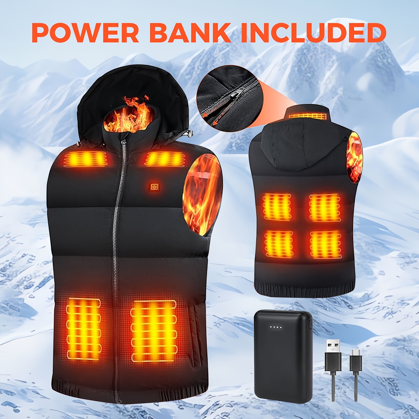 

1pc Ortizan Vest For Men, Rechargeable Hooded Sleeveless Jacket With 3 Temperature Controls, Nylon Lightweight Warm -padded, Includes Power Bank, Ideal For Outdoor Winter Skiing