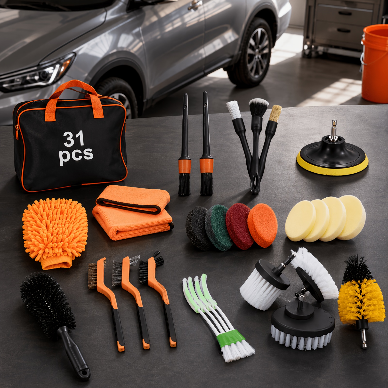 Image of 31pcs Car Cleaning Tool Full Set, Electric Drill Car Wash Brush Sponge Polishing Pad, Detail Crevice Brush Car Wash Gloves Towel, Car Cleaning Storage Bag Car Wash Tool Combination