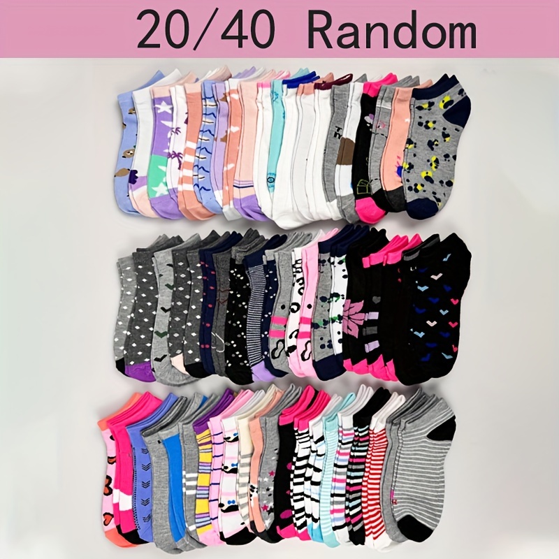 

20/40pcs Women's Breathable Socks - , Boosting Designs With Hearts, & Stripes, Soft Polyester , Machine Washable, Random, Low-cut, Geometric Cartoon Star Pattern