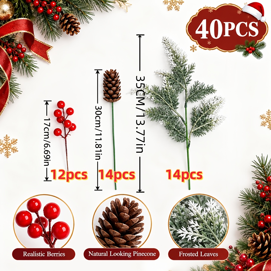 TEMU 40pcs Christmas Artificial Branches, And Pinecones, Needles, Indoor And Outdoor Universal Artificial Plants, Fireplace And Porch Garden Holiday