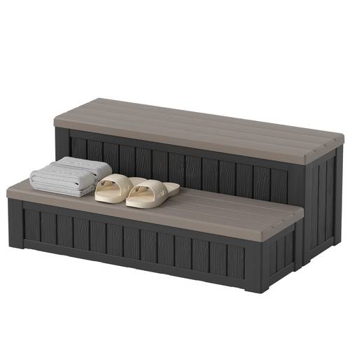 2 tier outdoor pool steps with storage box non slip waterproof resin hot tub steps heavy duty 660lbs capacity spa entry steps easy to clean patio pool stairs for above ground pool hot tub rv backyard cabinet rack for outdoor storage