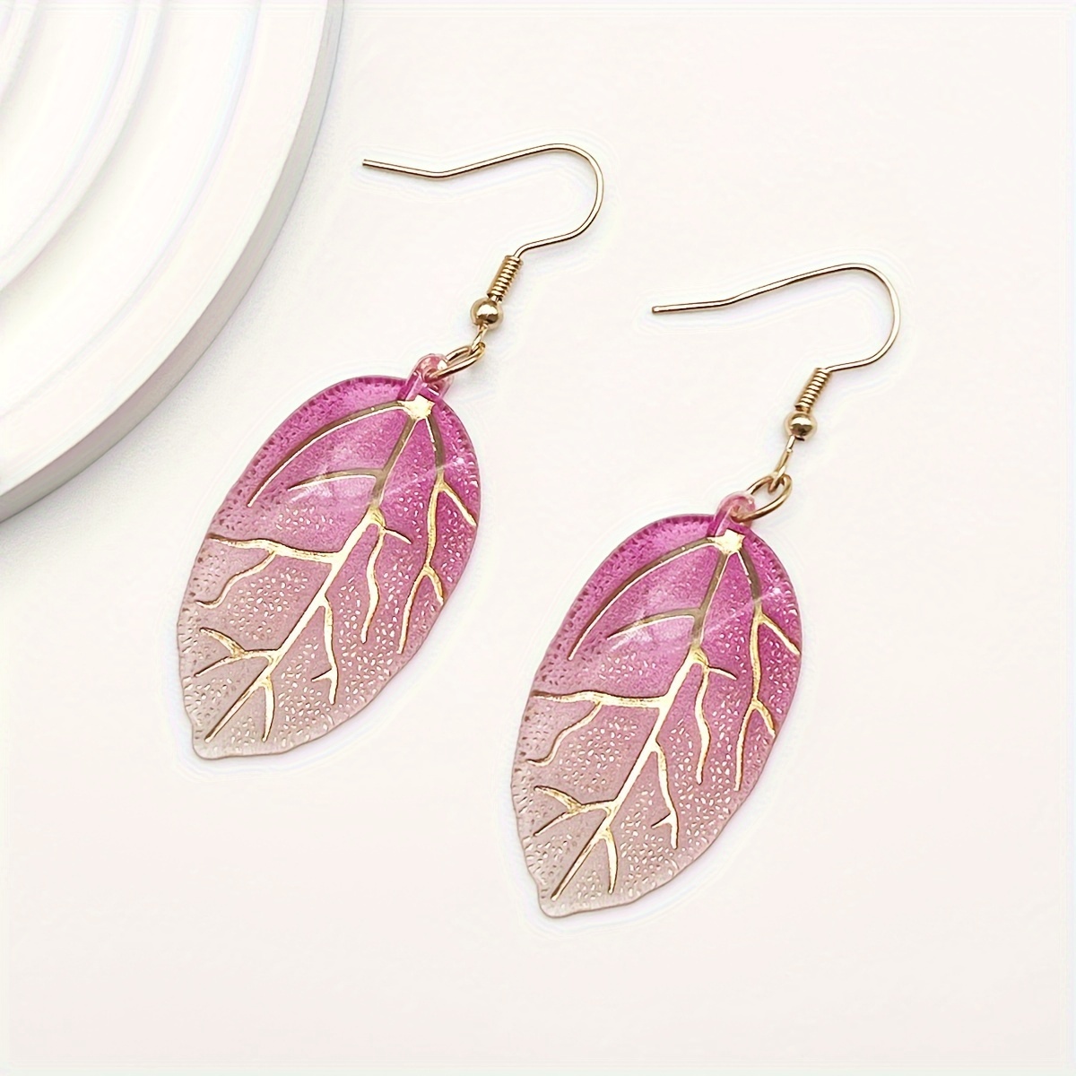 Image of 1 Pair Bohemian Chic Acrylic Leaf Earrings - Vibrant Gradient Colors With Golden Accents, Lightweight & Versatile Fashion Accessory For Women, Perfect For Daily Wear & Holiday , Quirky Earrings