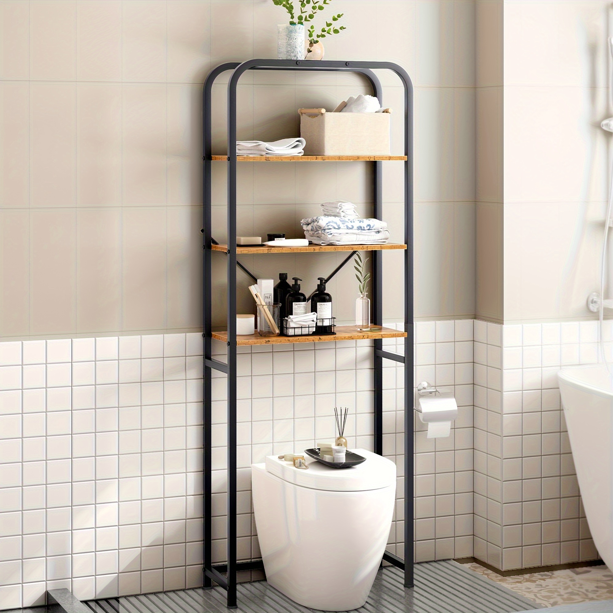 

Soges Waterproof Freestanding Over-the-toilet 3-tier Storage Rack, Space-saving Wooden Bathroom Organizer With Stabilizing , Bathroom Toilet Shelf