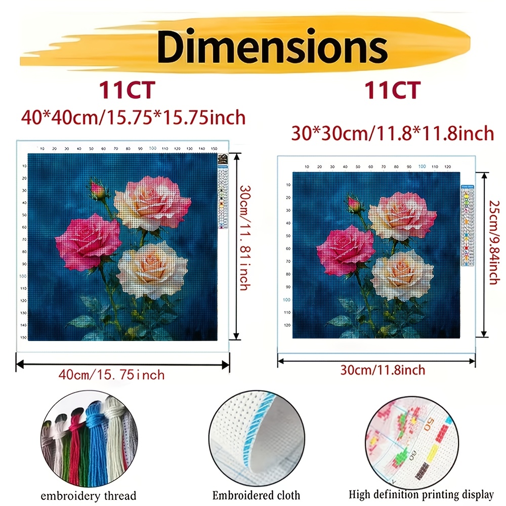 11CT Frameless Cross-Stitch Kit, Blue Background with Three Roses