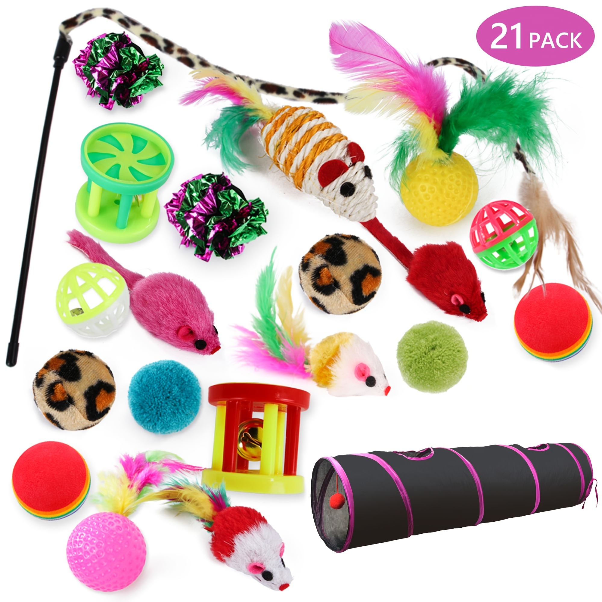 

21pcs Cat Toys Kitten Toy Set Tunnel Interactive Cat Toys Straight Through Kitten Tunnel Leopard Print Teasing Stick Fluffy Mouse For Cats Puppies Rabbits