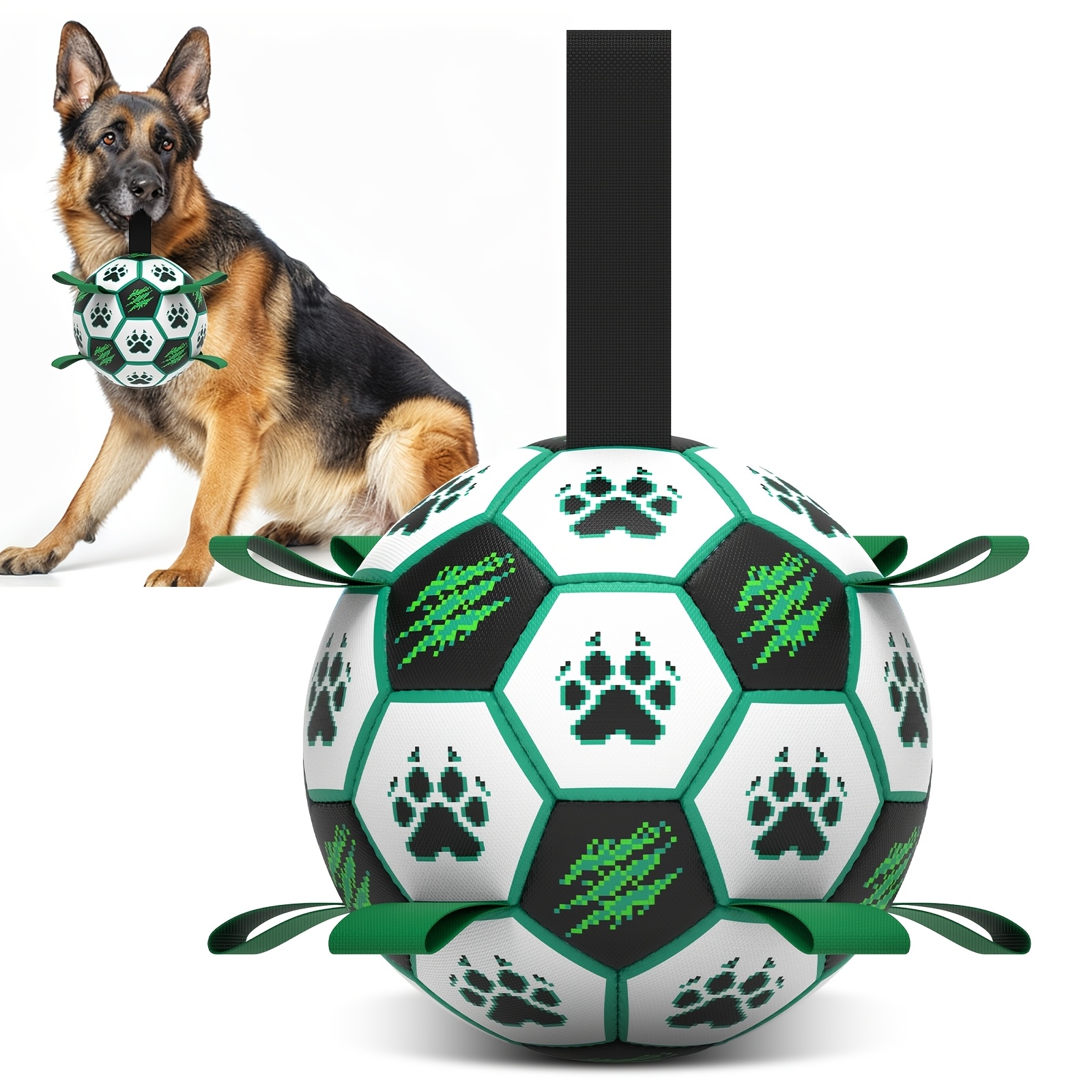 TEMU Balle de soccer interactive pour chien, intérieure et extérieure, avec sangle de support, motif vert rayé, balle flottante pour chien de petite,