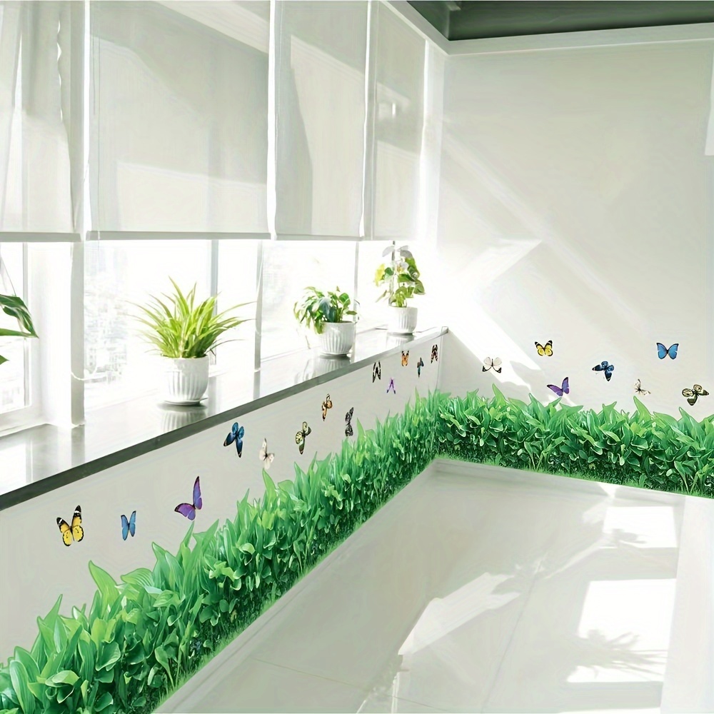 

Contemporary 3d Grass Wall Stickers With Butterflies - Plastic Self-adhesive Oblong Wall Decals For Bedroom, Living Room, And Hallway Decor - Single Use