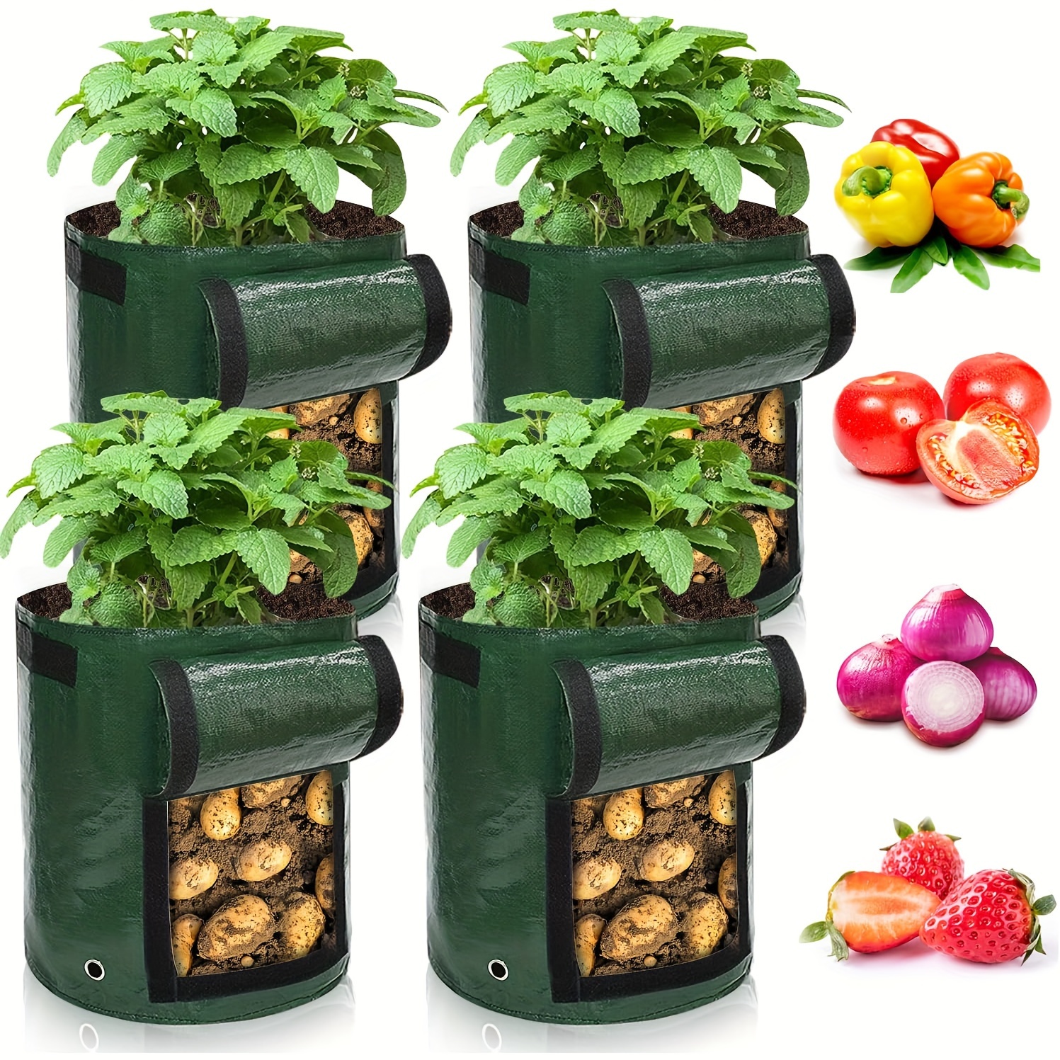 

4 Packs, 10 Gallon Garden Planting Bags, Durable Aeration Fabric Pots With Handles And View Flap, Reusable Heavy-duty Containers For Potatoes, Onions, Carrots, Fruits, Tomatoes - Green