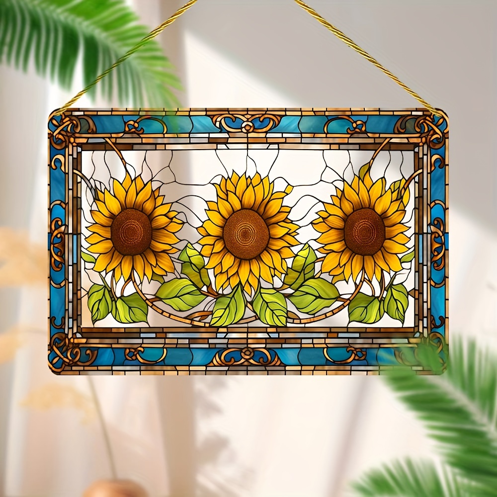 

2d Flat, 1pc Vintage-inspired Sunflower Acrylic Sun (12"x8") - Stained Wall Decor With Golden Hanging String, Porch, Kitchen, & Room - Farmhouse Wreath Decoration, Ideal Holiday Gift