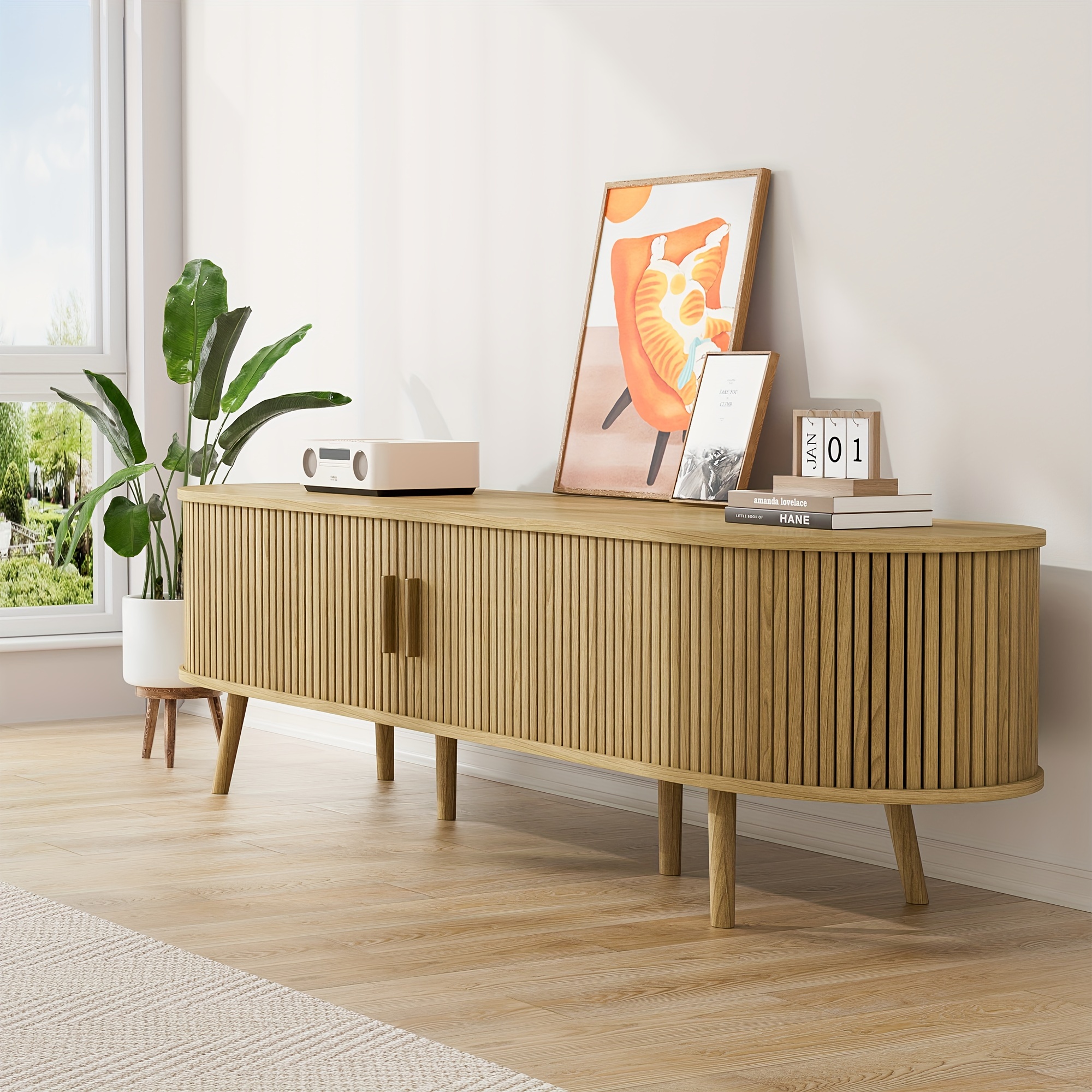 chic curved edge modern tv stand oak walnut farmhouse style Temu