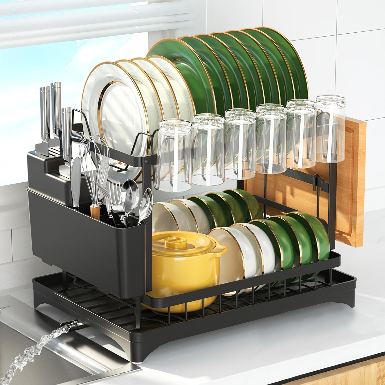 アイテム画像 防錆、自動排水機能付き2段式食器乾燥ラック、大容量、ブラックキッチン食器乾燥ラック、食器乾燥ラック、大型3コンパートメント調理器具ホルダー、自動排水、防錆、大容量、キッチン収納、箸収納