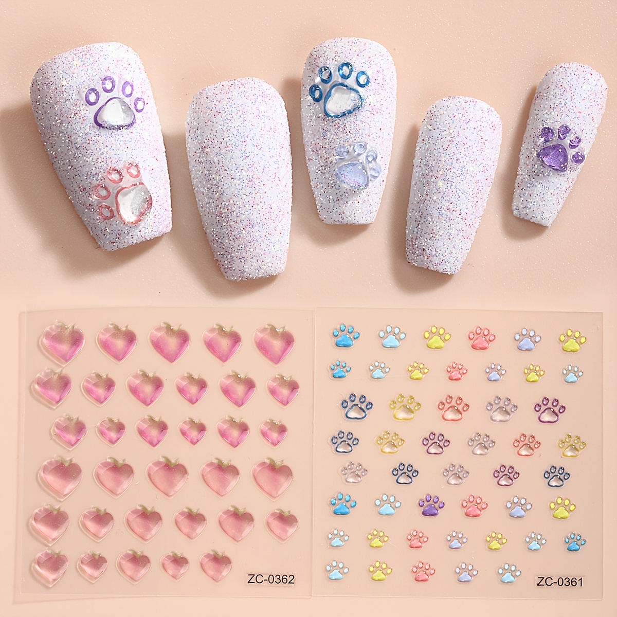 

2 Pcs5d Three- Nail Stickers, Cute Cartoon Peach, Design Diy Self-adhesive Nail Decoration, Suitable For Women And Girls Daily Use Of Nail Supplies