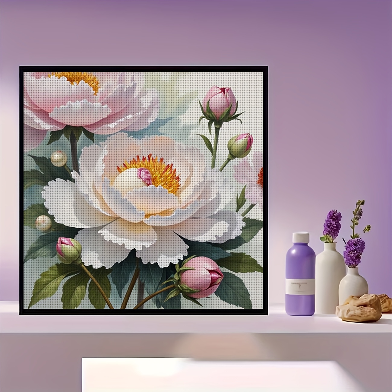 Printed Cross Stitch Kit, Blooming Peony Pattern for Beginners